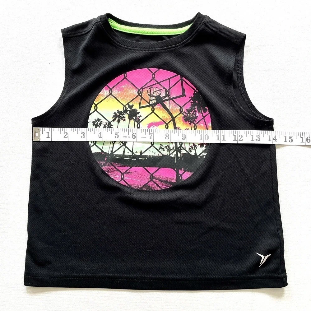 Old Navy Boys XS 5Y Black Go-Dry Tank Top Neon Basketball Graphic Activewear Gym